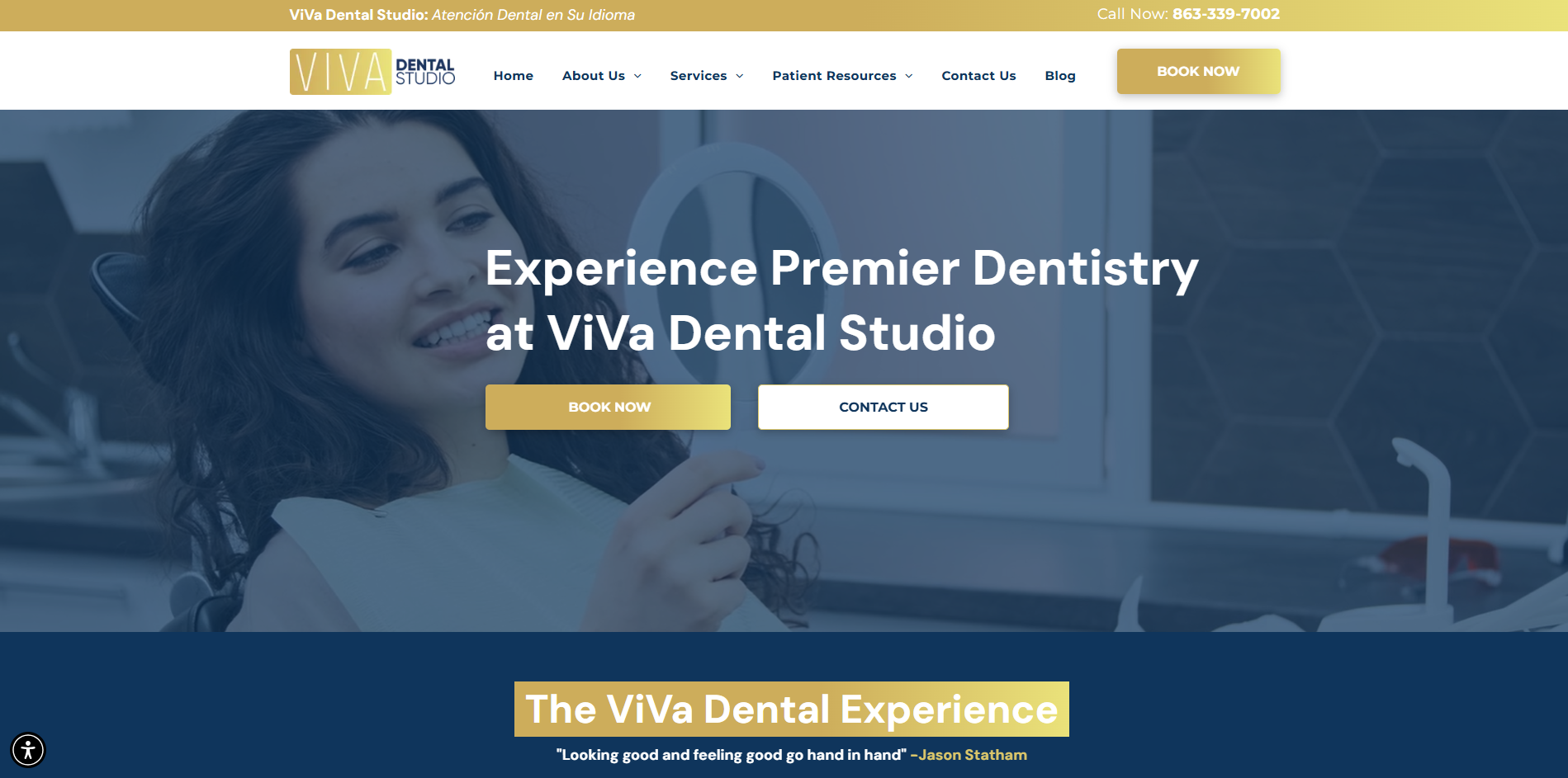 The website for viva dental studio shows a woman smiling and holding a toothbrush.