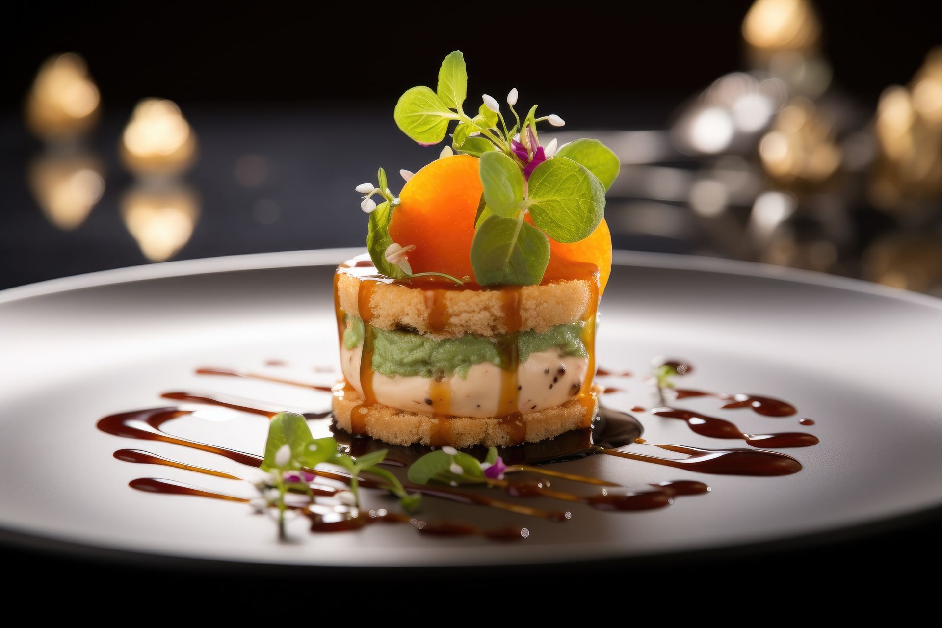 Elegant dessert on a black plate: layered pastry with green filling, orange fruit, microgreens, drizzled sauce.