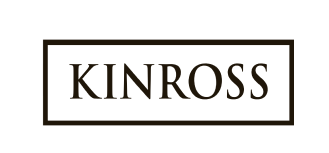 Um logotipo preto e branco para a Kinross em um fundo branco.