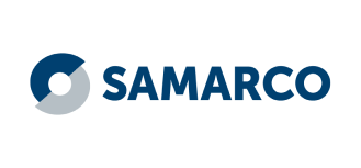 O logotipo da samarco é azul e branco com um círculo no meio.