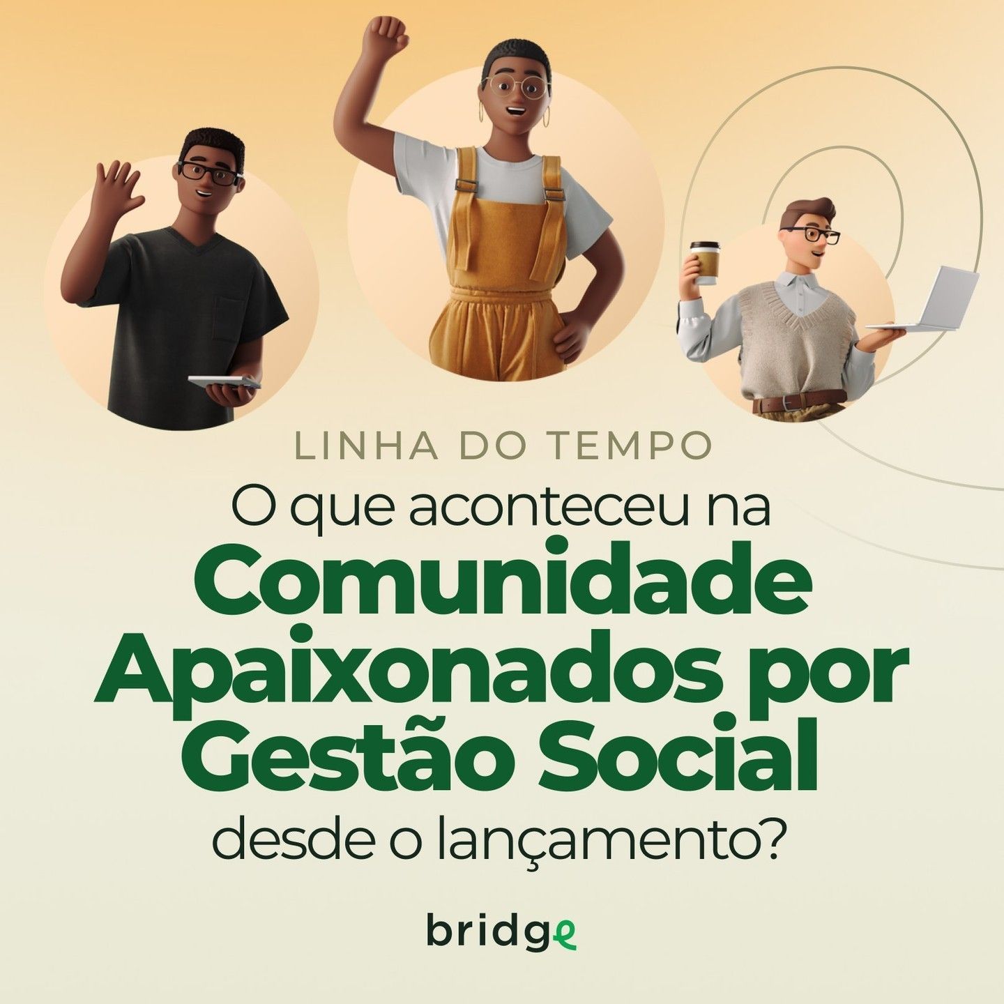 Brigite e personagens da Bridge em fundo laranja e um titulo sobre o que aconteceu na Comunidade Apaixonados por Gestão Social