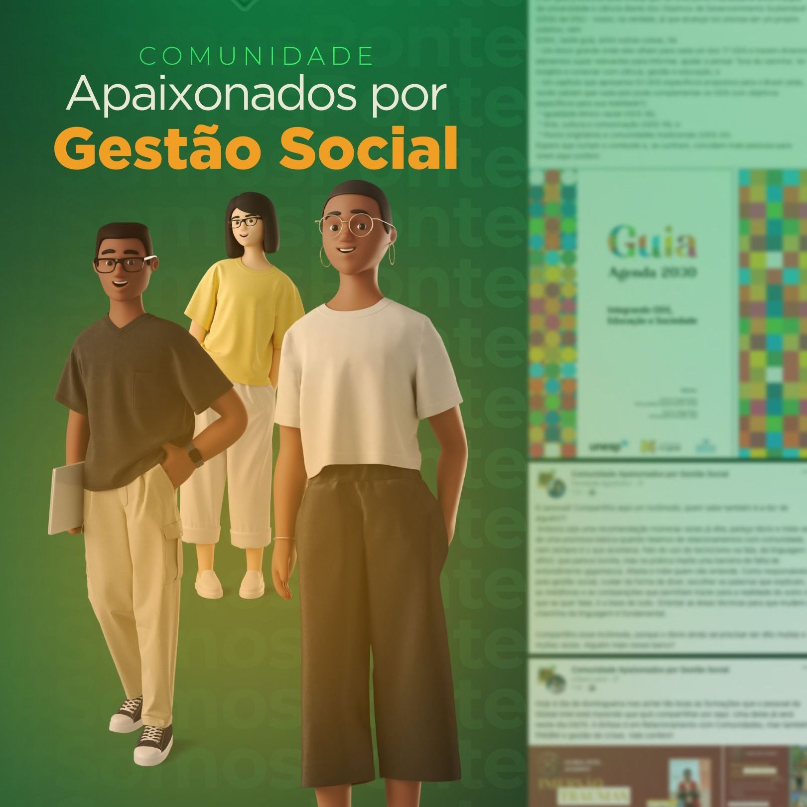 Personagens da Bridge e feed da Comunidade Apaixonados por Gestão Social em fundo verde