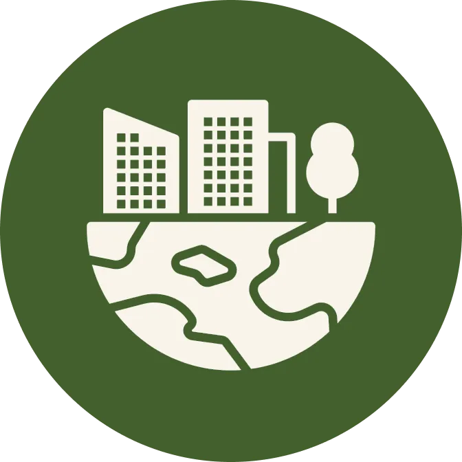 icone planeta com prédios, representando valores Bridge, no circulo verde