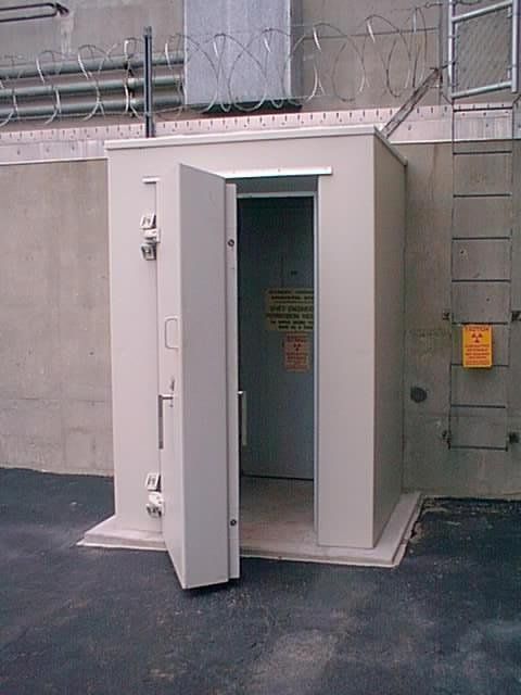 NIJ Level IV  Left: Permanent 3-sided armored fighting position w/t-slot GP's.  Right: Modular 3-sided concrete filled security vestibule with door unit.