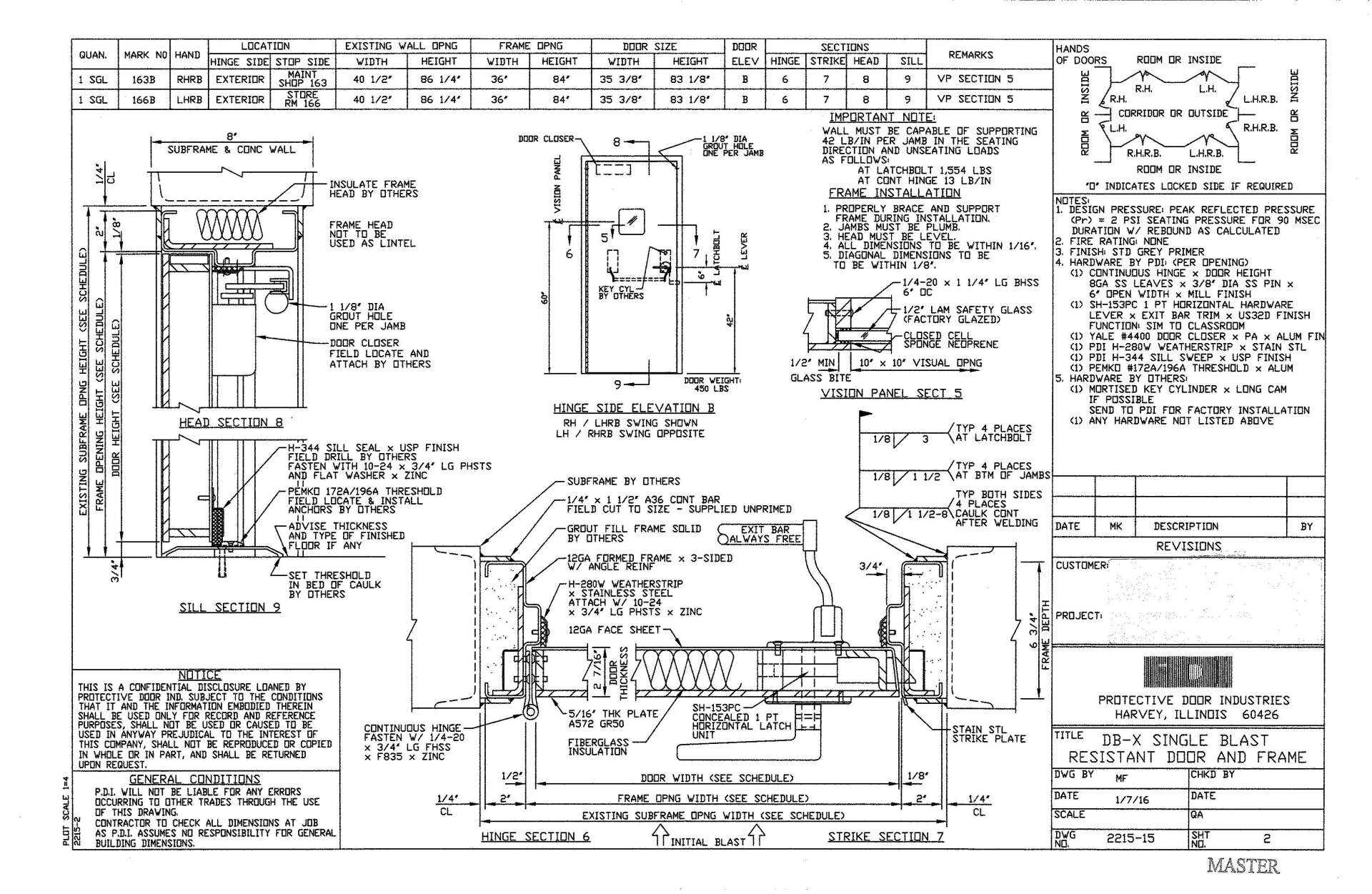 General Reference / Installation Drawing of Model DB-X Single Swing Blast Resistant Door