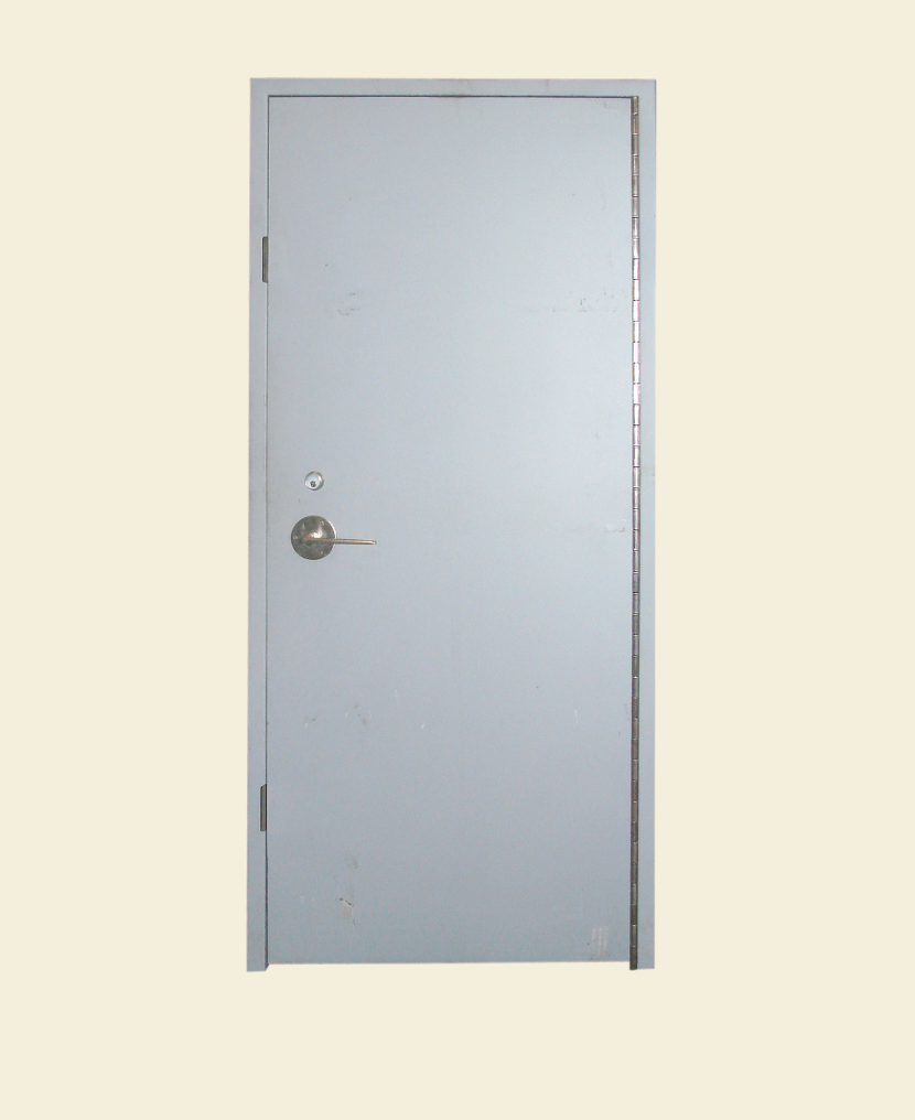 Blast resistant door assembly contains Sonicbar SH-153PC 2-pt. latchset x lever x exit bar x key cylinder and continuous hinge