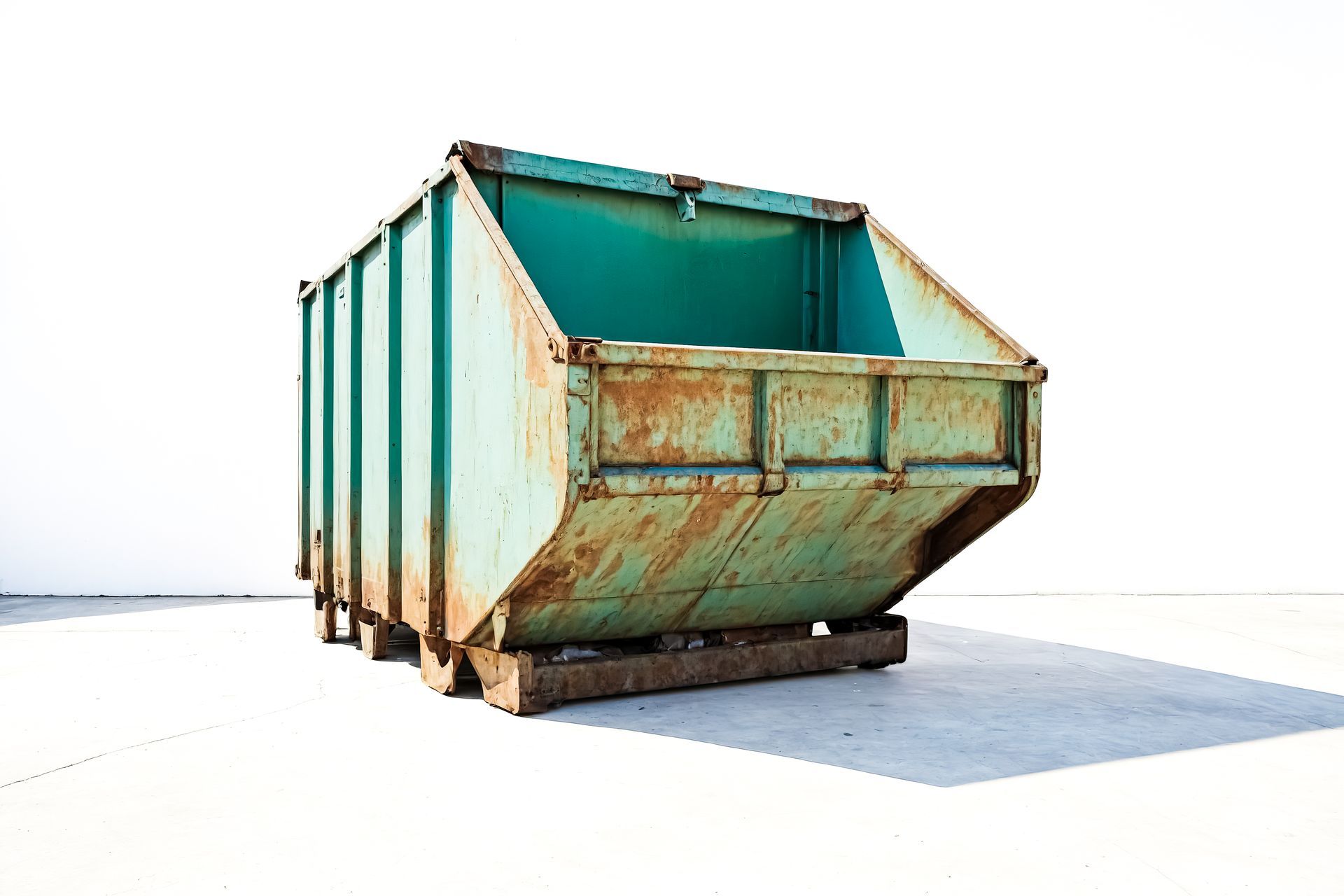 A green dumpster is sitting on top of a wooden pallet.