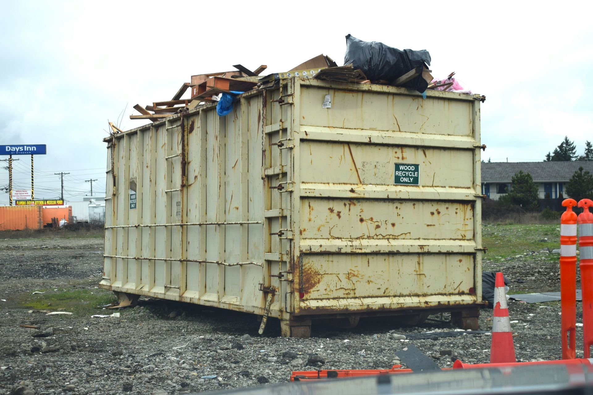 An aerial view of a pile of scrap metal in crates.