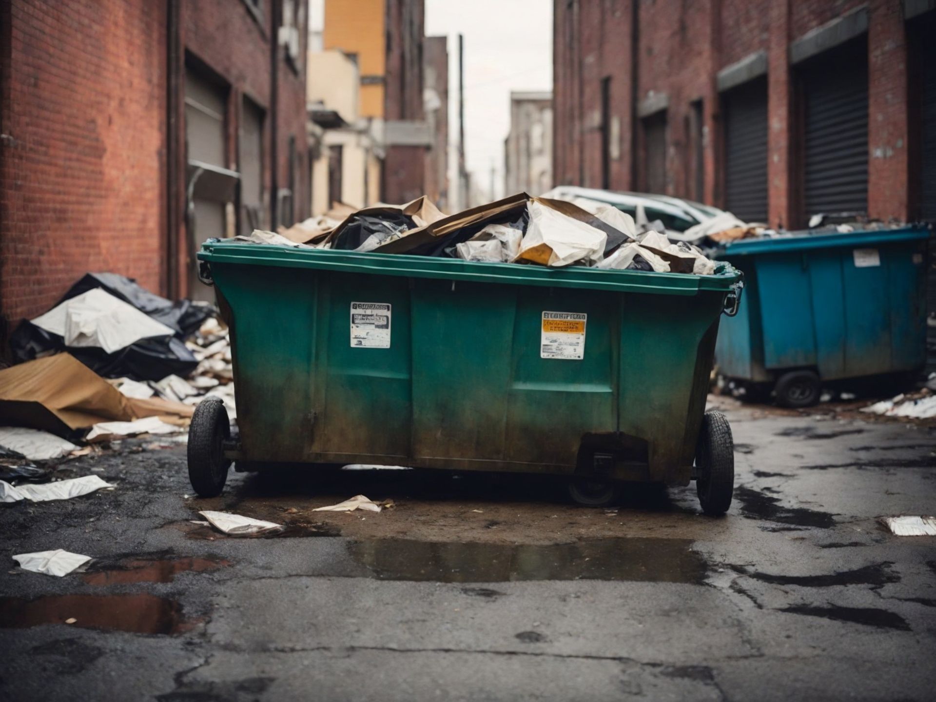 A green dumpster is sitting in a narrow alleyway filled with garbage.