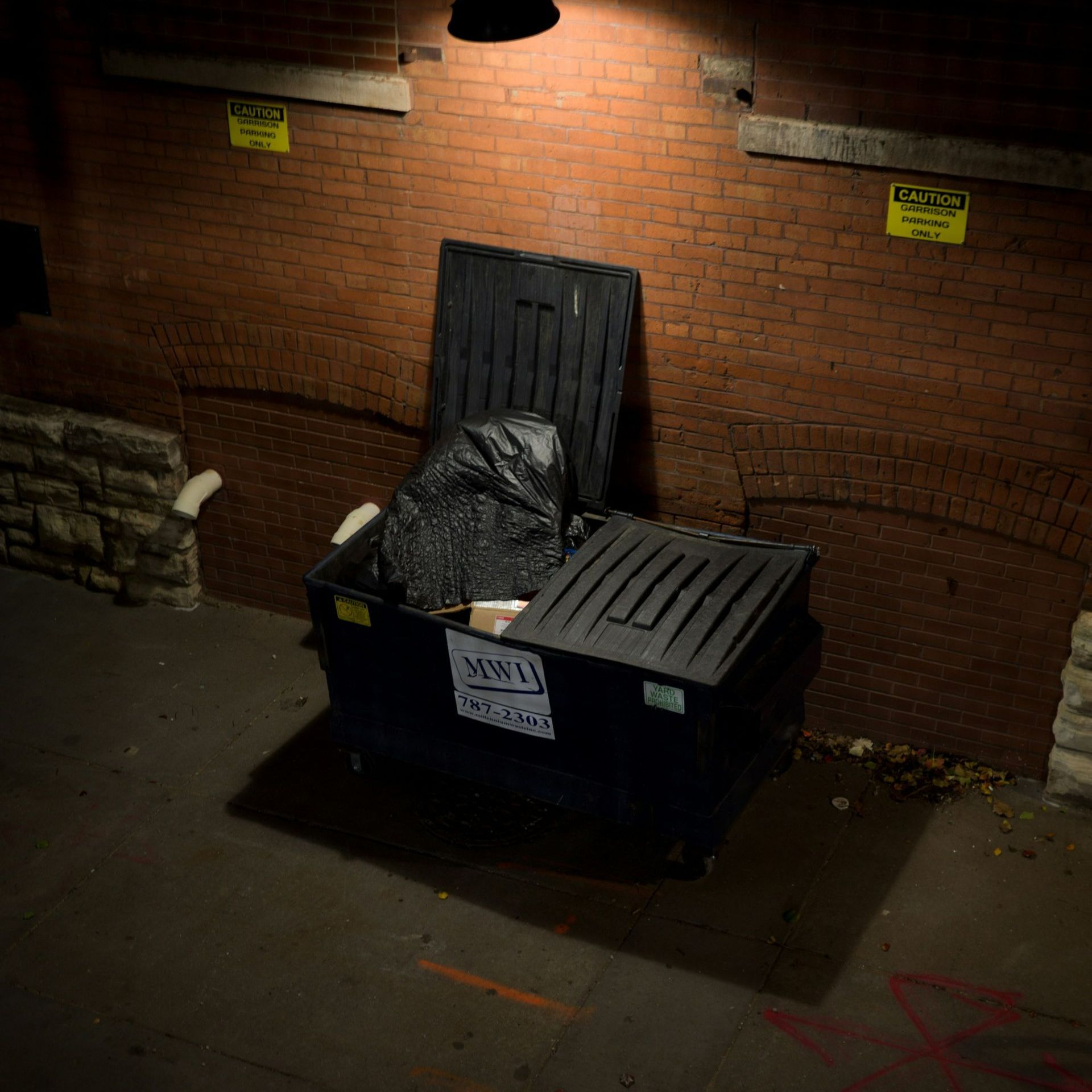 A dumpster is sitting in a dark alley next to a brick wall.