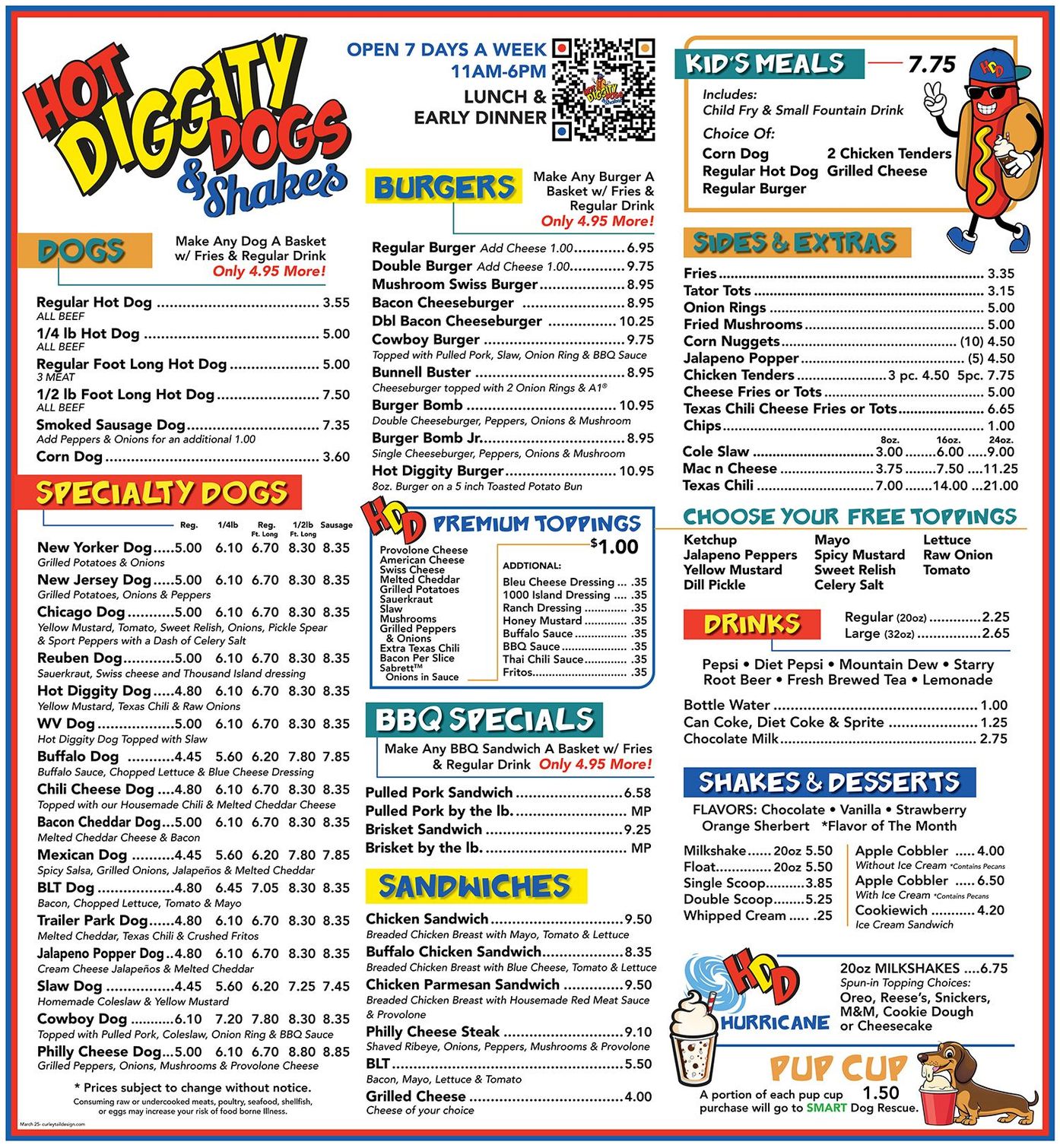 A menu for a hot dog restaurant with a picture of a hot dog on it.