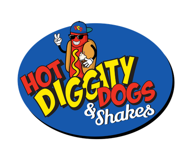 A logo for hot diggity dogs and shakes