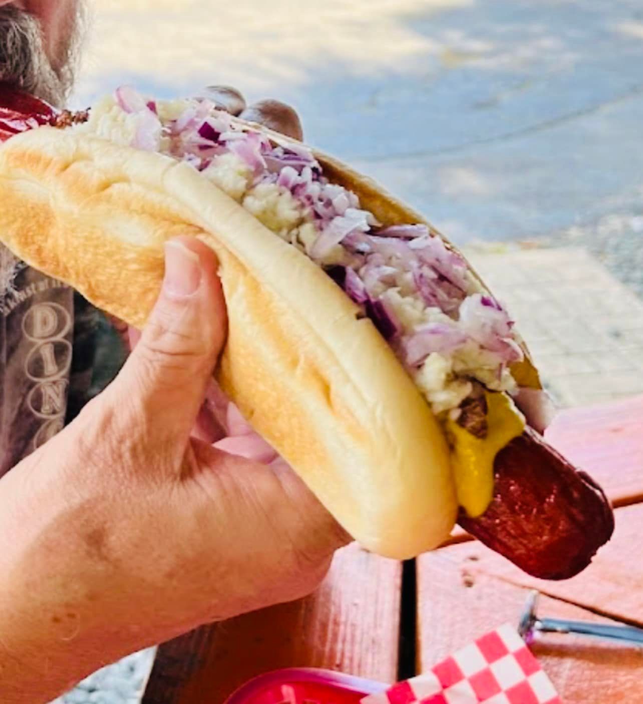 A person is holding a hot dog with onions and mustard