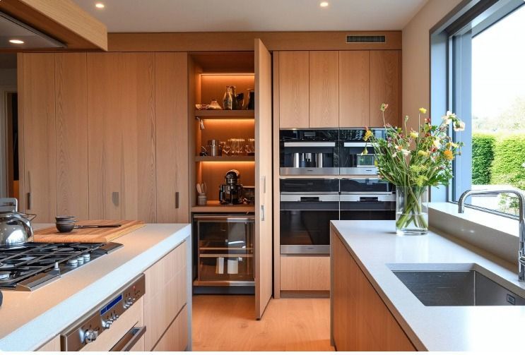 Modern kitchen with light wood cabinets, built-in ovens, and a small 