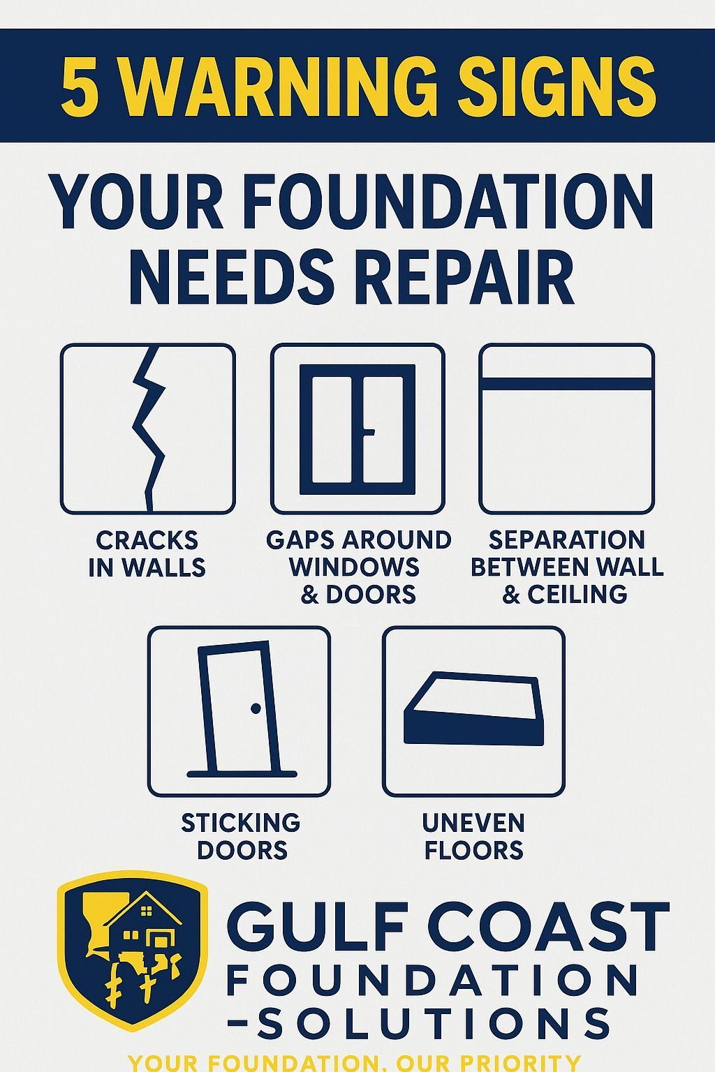 Infographic: 5 warning signs of foundation problems. Includes cracks, gaps, separation, sticking doors, and uneven floors.