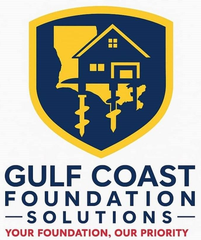 Logo for Gulf Coast Foundation Solutions: Shield with a house on stilts over the Louisiana outline. Blue, yellow.