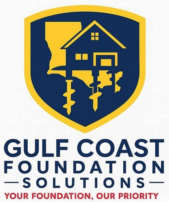 Logo for Gulf Coast Foundation Solutions: Shield with a house on stilts over the Louisiana outline. Blue, yellow.