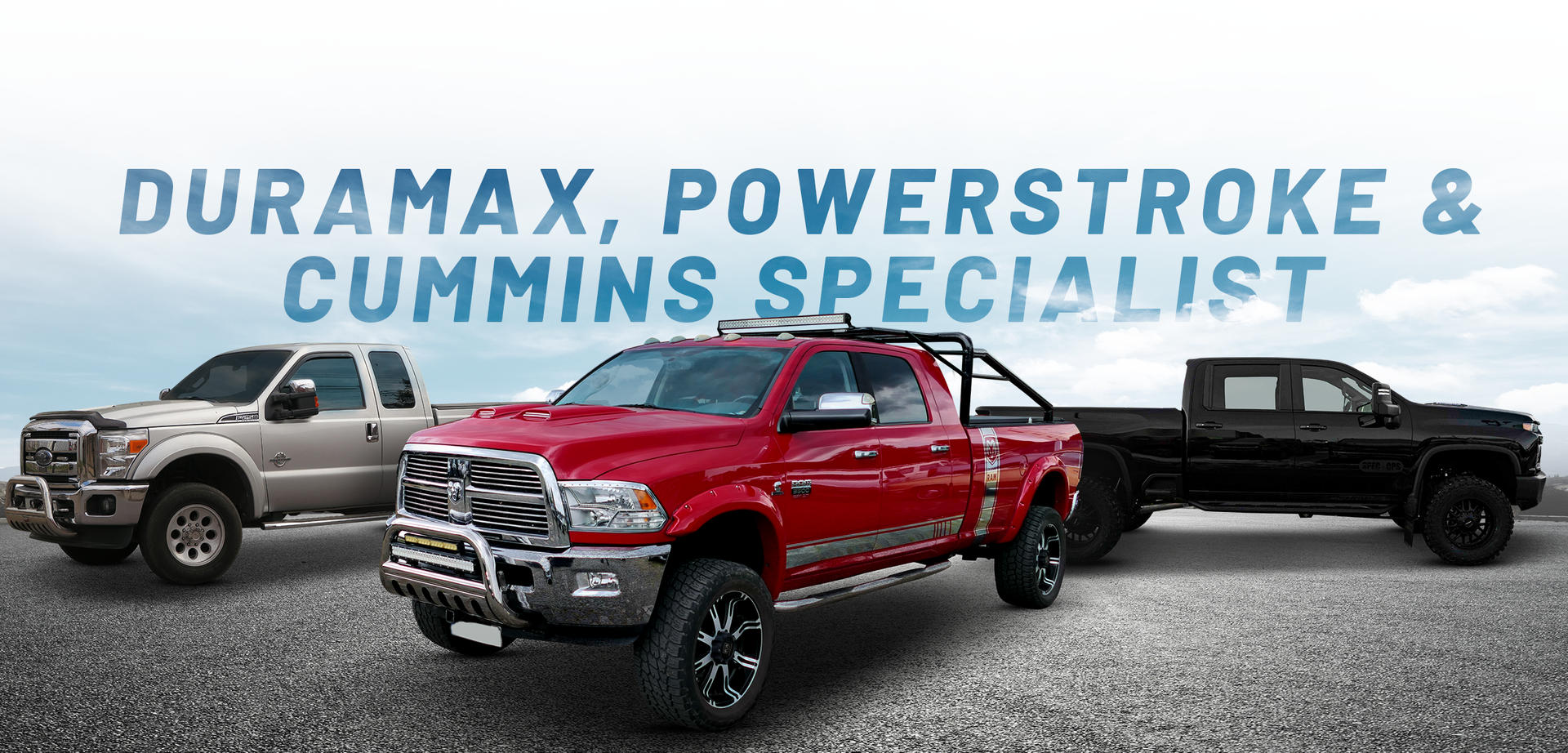 Three pickup trucks in a line | Central Florida Diesel Performance