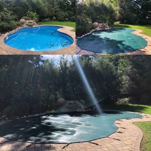 Three pictures of a swimming pool with a green cover on it
