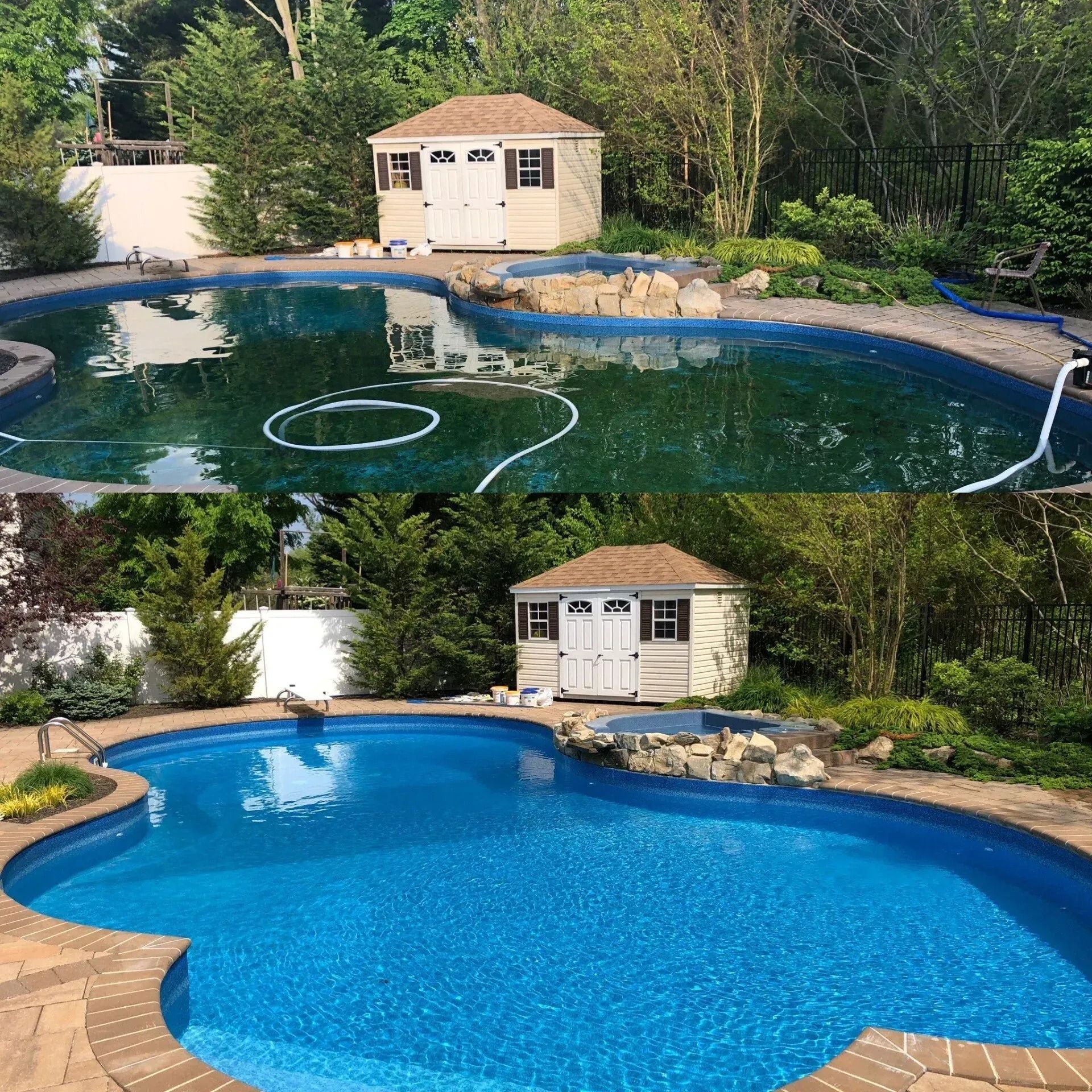 A before and after picture of a swimming pool with a shed in the background.