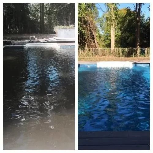 A before and after picture of a swimming pool with trees in the background.