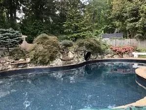 A large swimming pool surrounded by trees and bushes in a backyard.