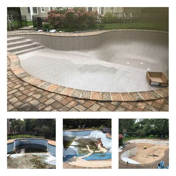 A collage of pictures of a swimming pool being remodeled