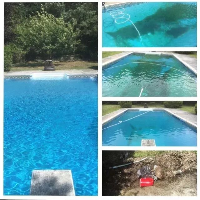 A collage of four pictures of a swimming pool