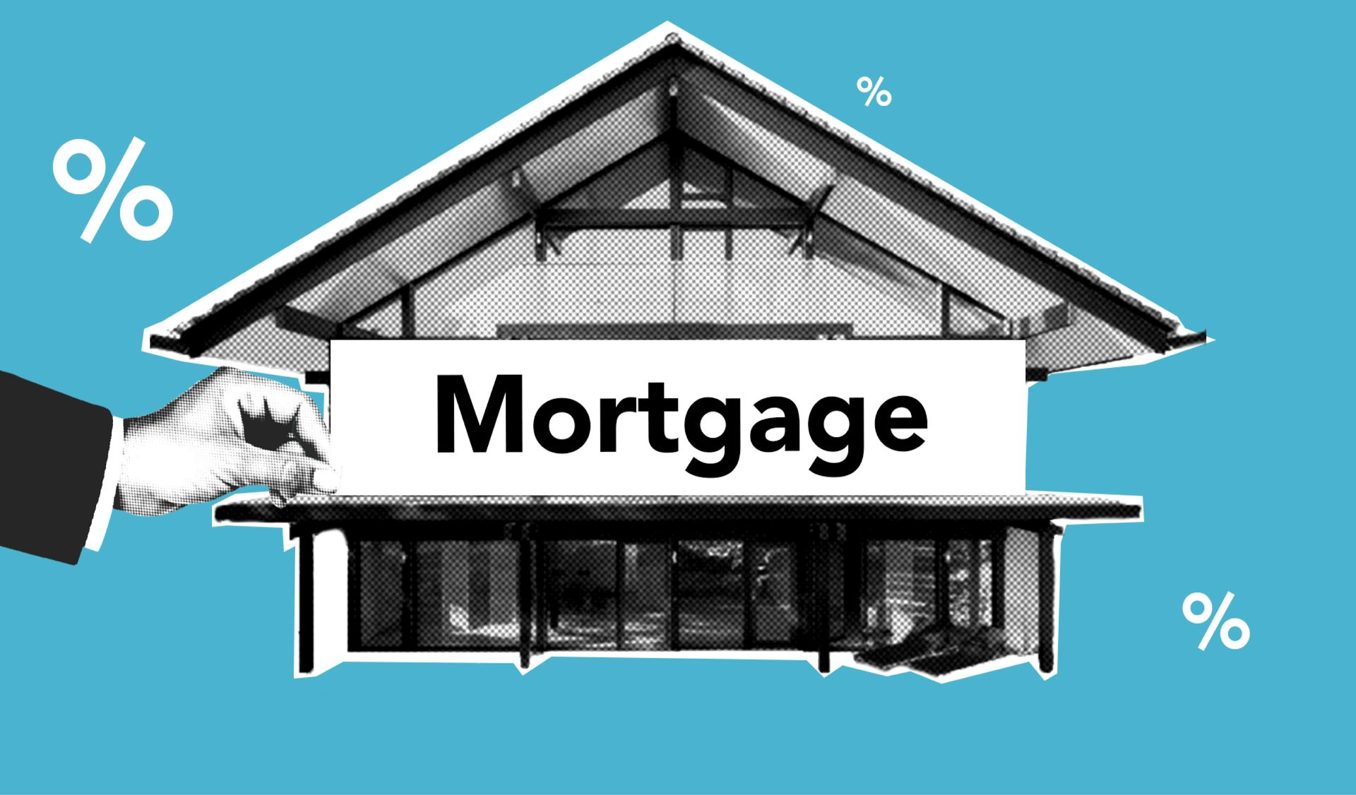 A hand is holding a sign that says `` mortgage '' over a model house.