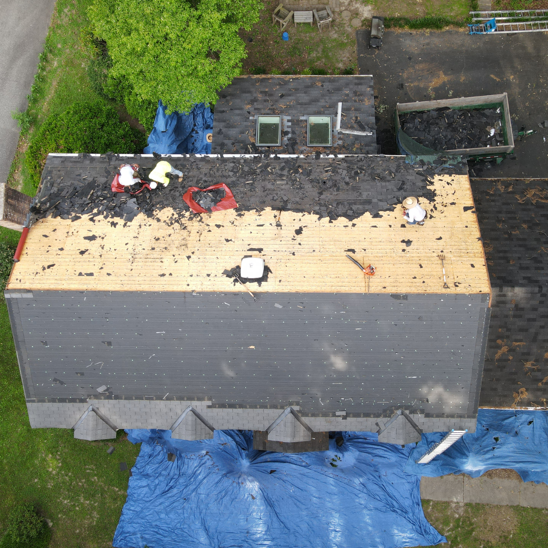A drone image of a RETEX roof replacement in North Chesterfield VA 23235. Image shows tear-off step.
