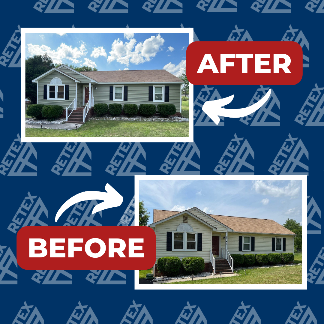 A graphic showing before-and-after photos of a RETEX siding replacement in Mechanicsville VA 23111.