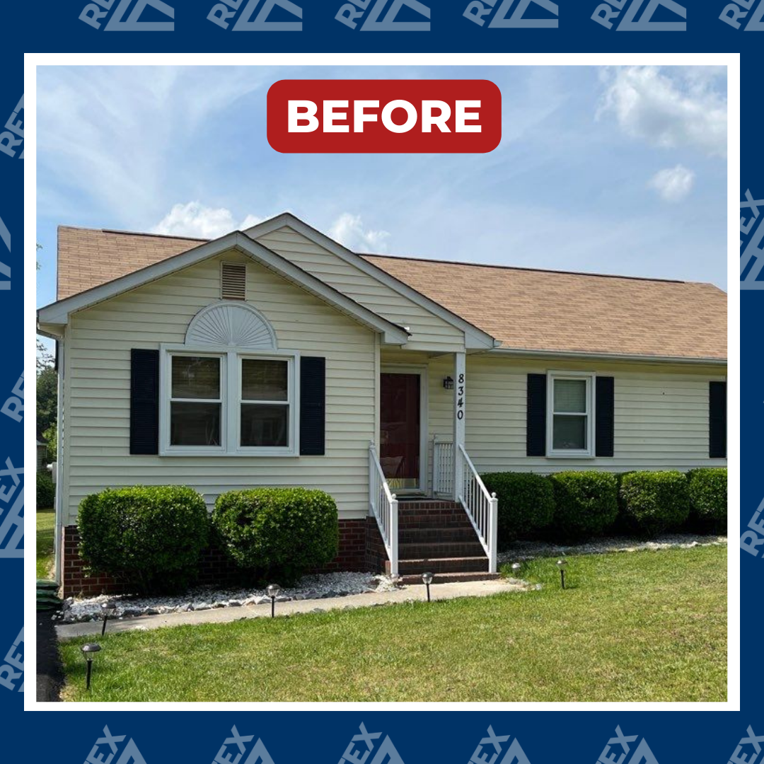 Graphic showing a before-installation image of a RETEX vinyl siding replacement in Mechanicsville, VA 23111.