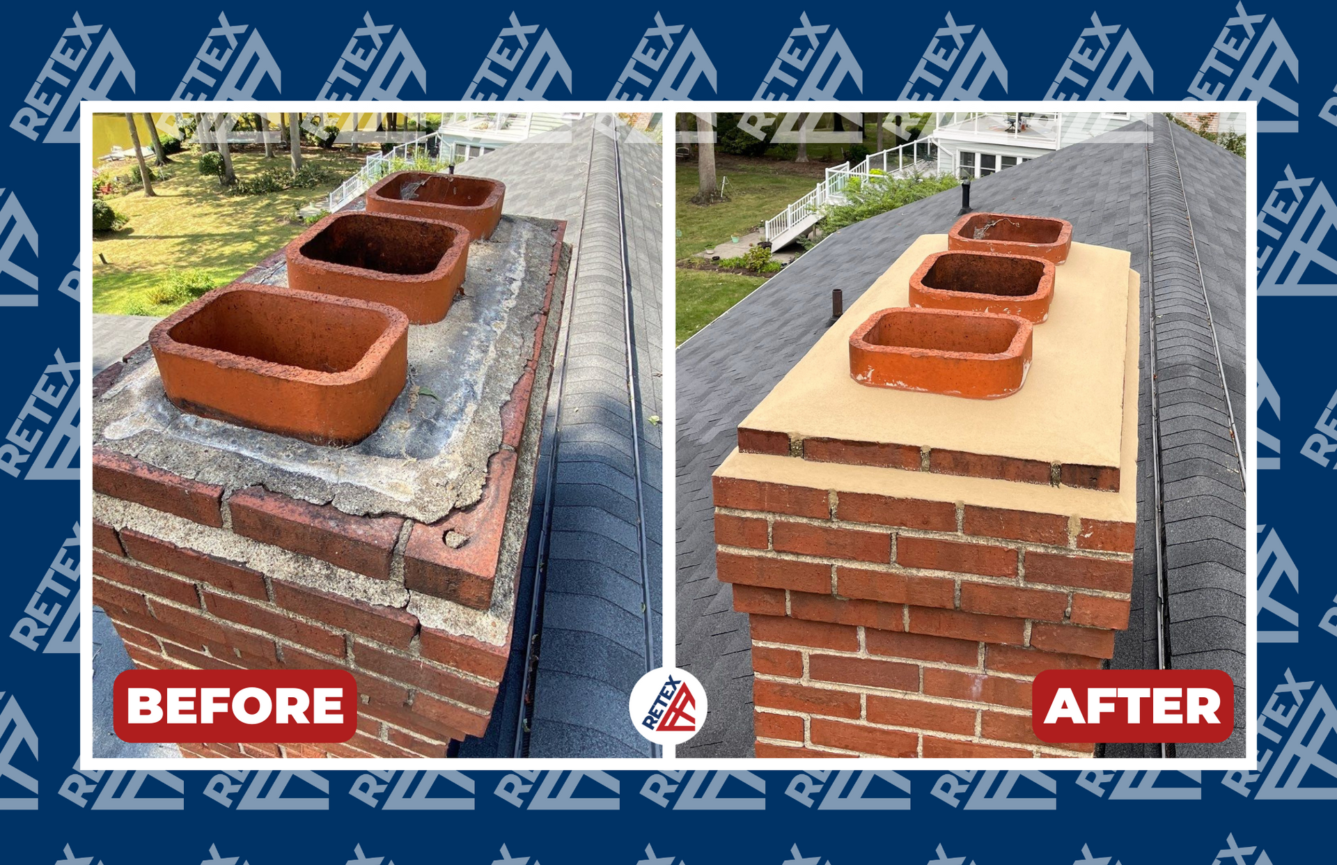 A graphic showing before-and-after photos of a RETEX chimney repointing and recapping in North Chesterfield, VA.