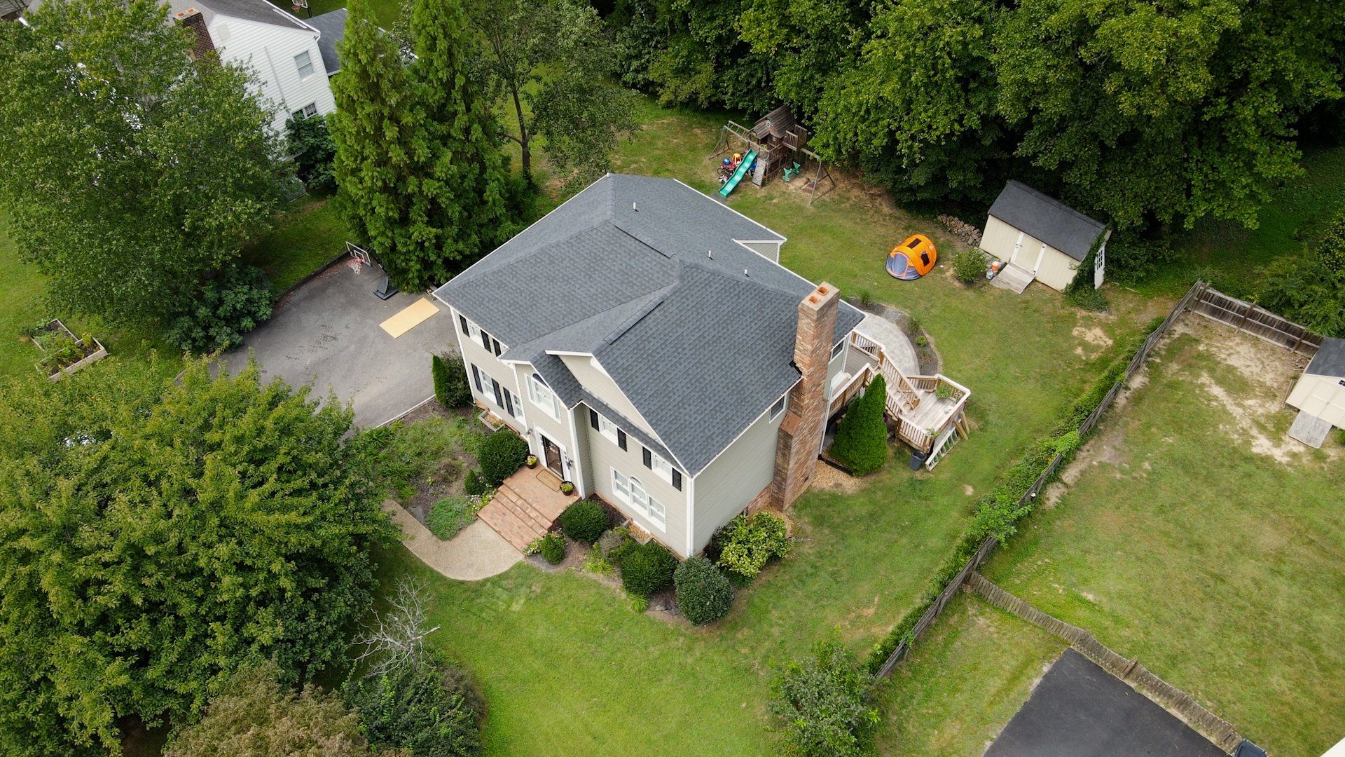 Aerial drone image of RETEX roof replacement in Bon Air VA 23235.