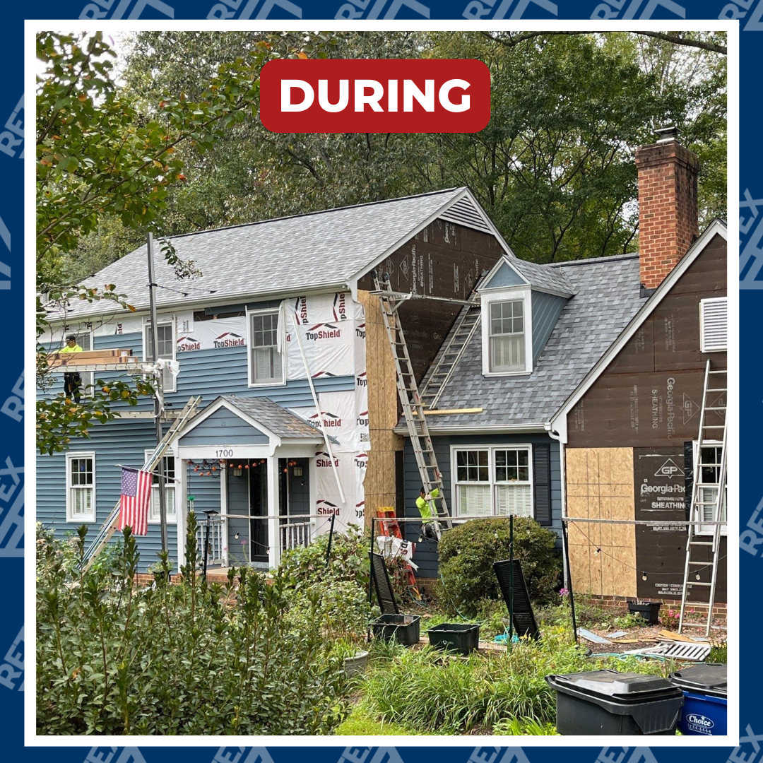 Photo graphic of a RETEX siding replacement project mid-installation on a North Chesterfield VA home in 2024.