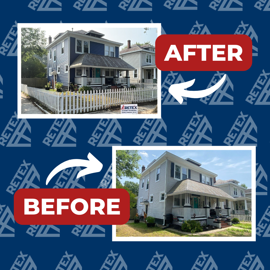 A graphic of before-and-after photos of siding and window replacement in Richmond VA. Certainteed Restoration Midnight Blue.