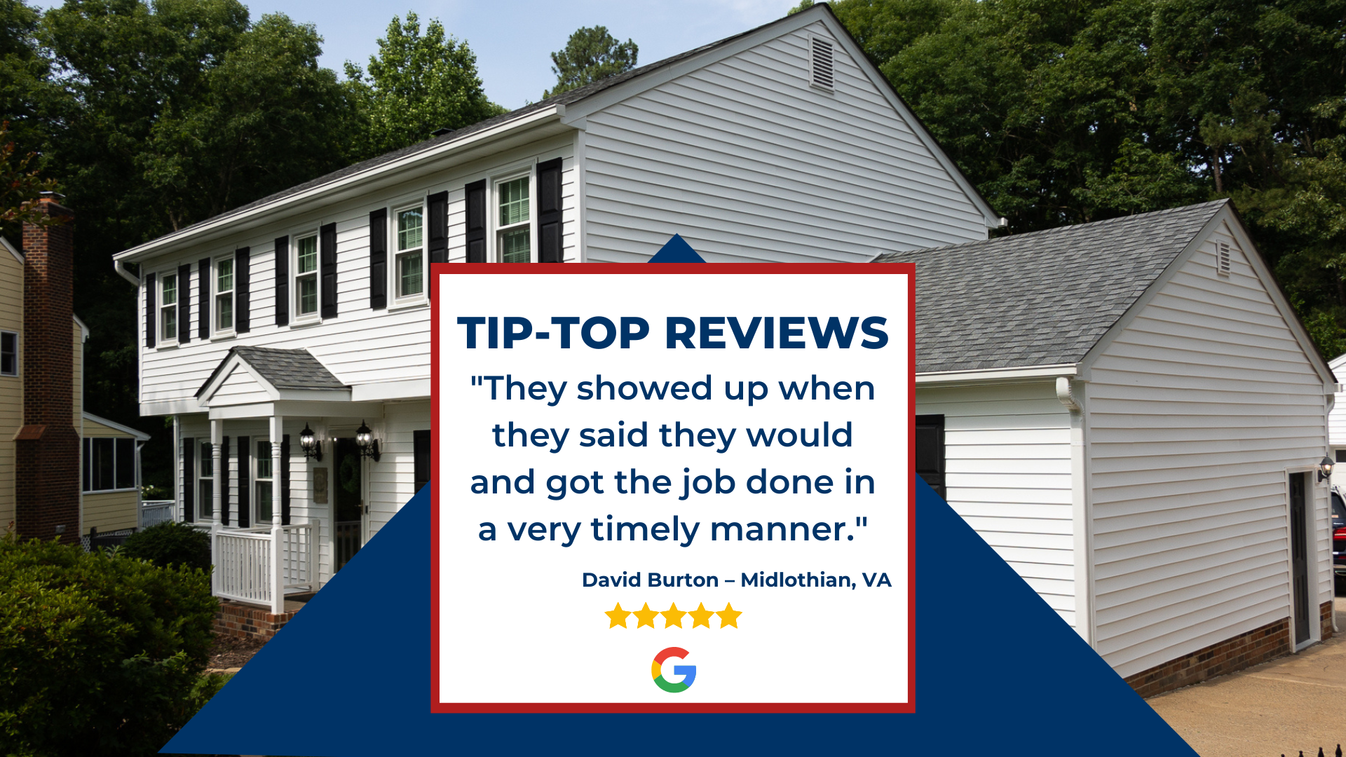 Graphic of a client review over a photo of a Midlothian VA home that RETEX installed siding and windows for in 2023.