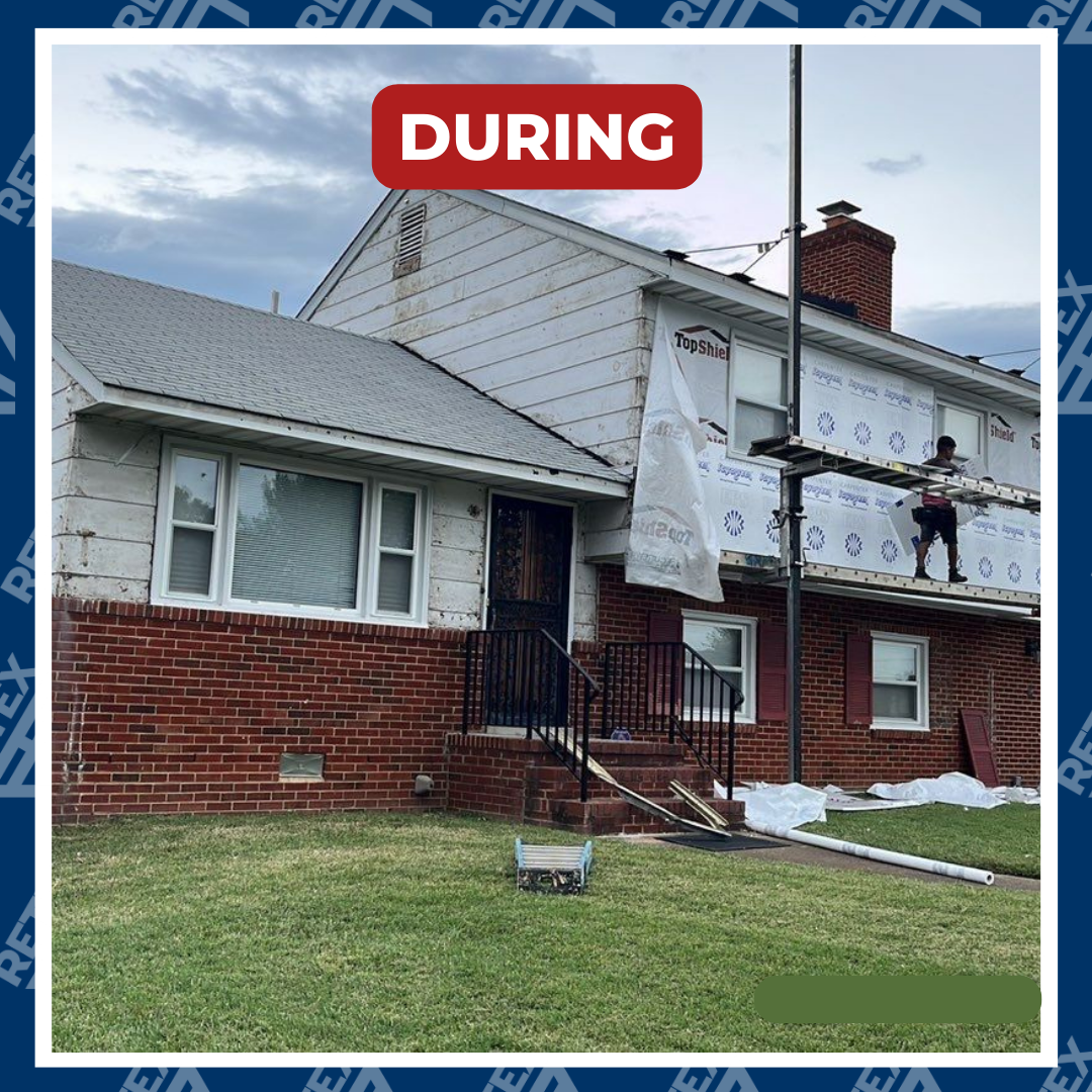 A graphic with a mid-install image of a RETEX vinyl siding replacement in Richmond VA 23223. Certainteed Mainstreet