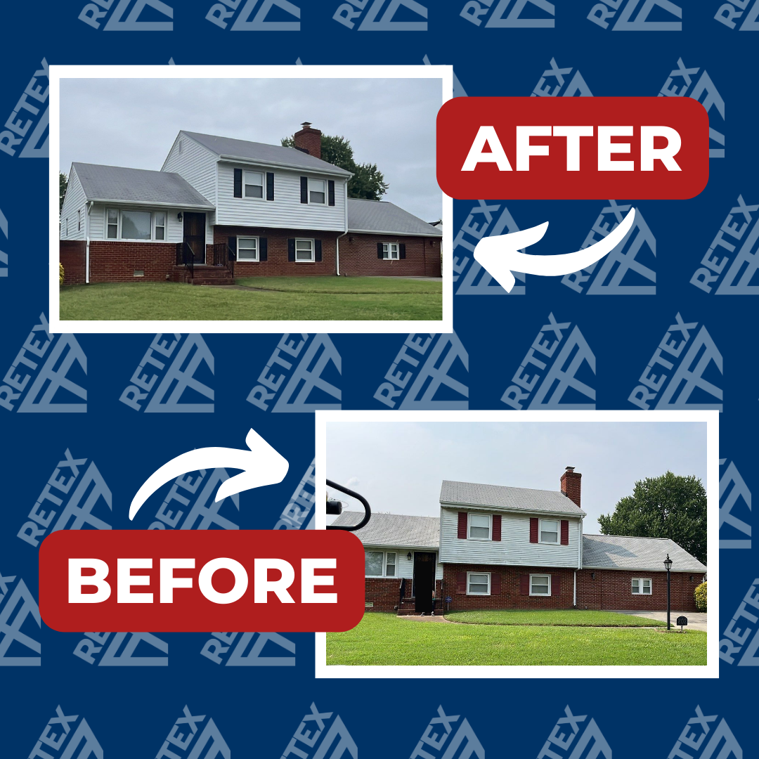A graphic with before-and-after photos of a RETEX vinyl siding replacement in Richmond VA 23223. Certainteed Mainstreet Snow.