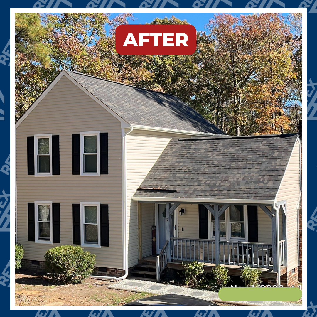 A graphic showing an after photo of a RETEX siding, window and door replacement in Chesterfield VA 23832.