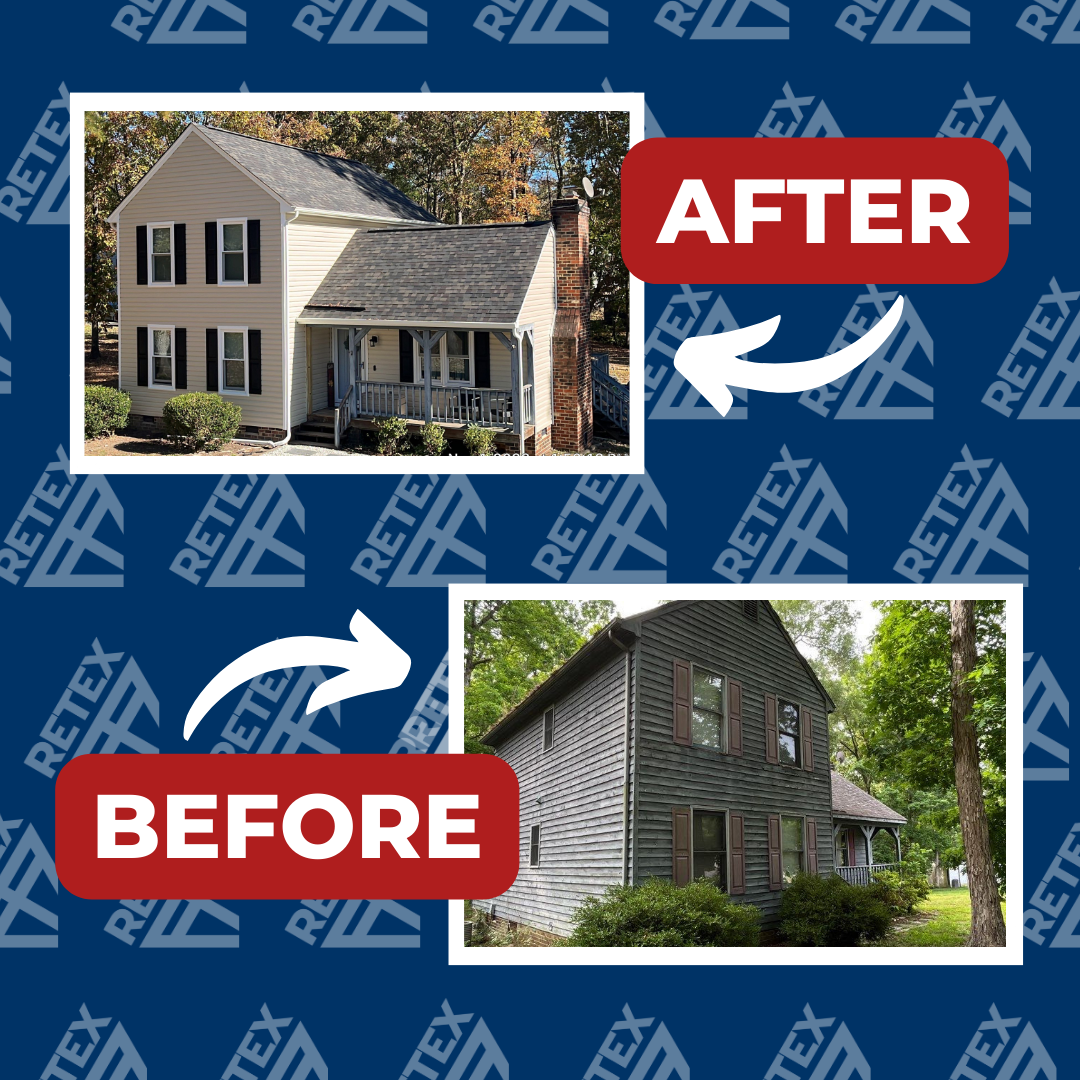 A graphic showing before-and-after photos of a RETEX siding, window and door replacement in Chesterfield VA 23832.