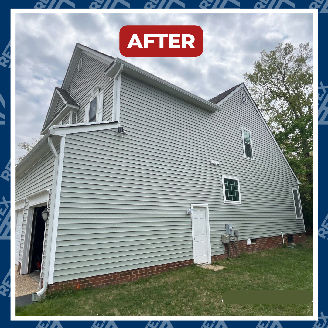 A graphic with the after photo for a RETEX vinyl siding replacement in Chester VA. This home had sustained fire damage.