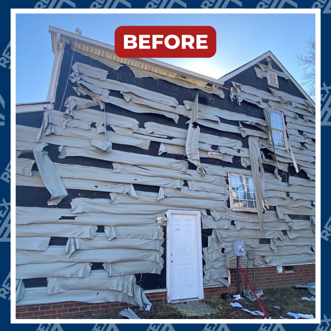 A graphic showing the before photo of a RETEX vinyl siding replacement in Chester VA. This home's siding was damaged by fire.