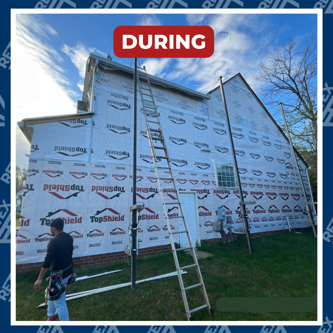 A graphic of a during-install photo for a RETEX vinyl siding replacement in Chester VA. This home's siding had fire damage.