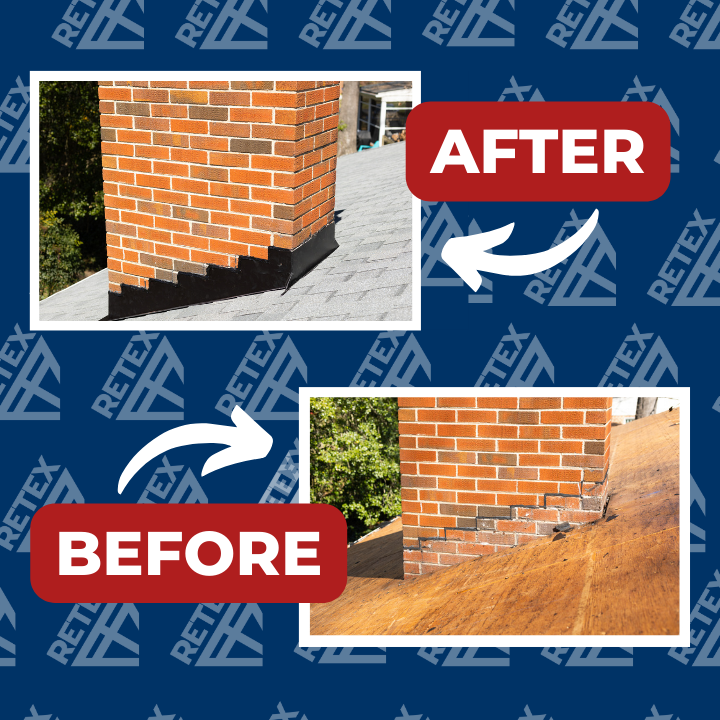 A graphic showing the before-and-after images of a roof and chimney flashing replacement project in North Chesterfield VA.