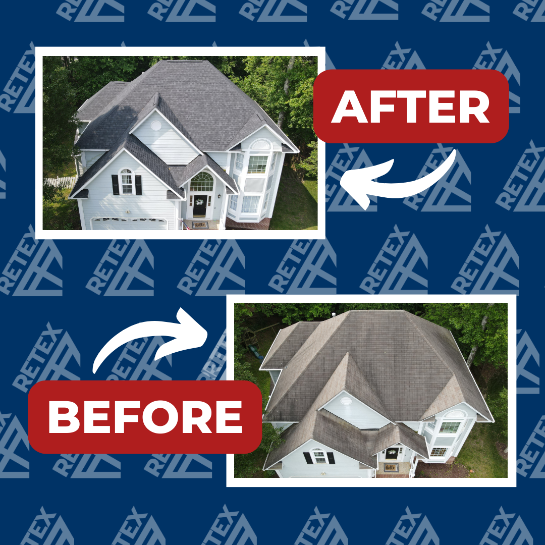 An infographic showing the before and after images of a RETEX roof replacement on a Mechanicsville, VA home.