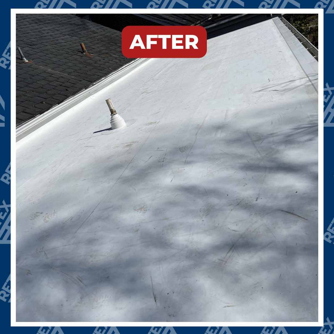 A graphic showing an after photo of TPO flat roof replacement in Richmond VA 23226. Photo by RETEX's Katelyn Lewis.