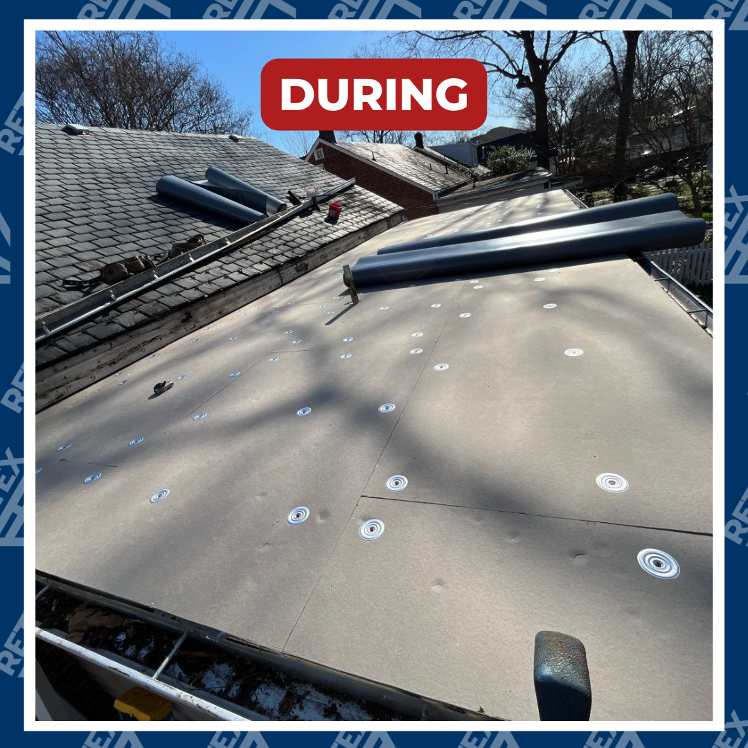 During-installation image of TPO flat roof installation in Richmond VA 23226. Photo by RETEX's Katelyn Lewis.