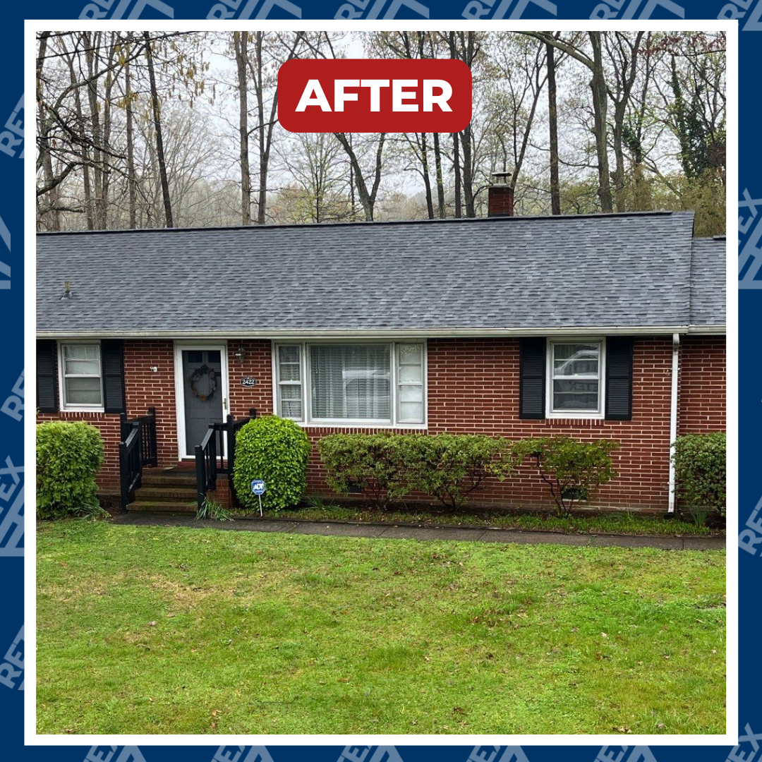 A graphic showing after photo of an asphalt shingle roof replacement in North Chesterfield VA 23235.