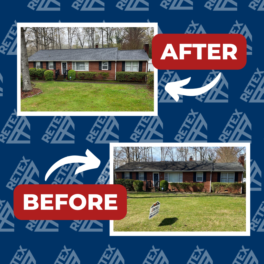 A graphic showing before-and-after photos of an asphalt shingle roof and flat roof replacement in North Chesterfield VA.